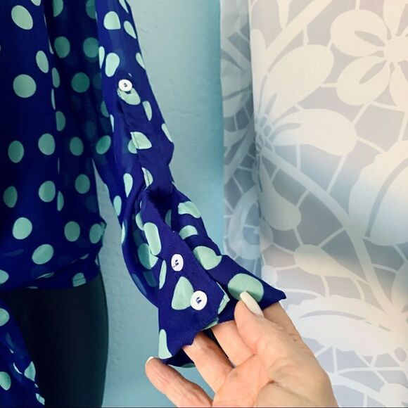 Express Semi Sheer Blue & Mint Green Polka Dot Tie Blouse Size Small/Medium - Picture 5 of 13